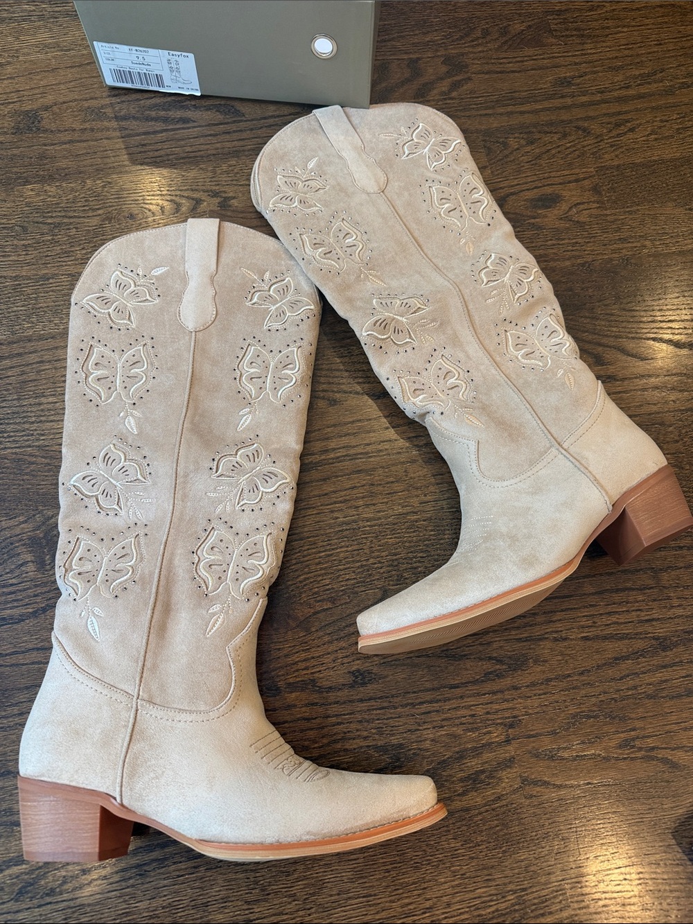 Suede Embroidered Knee-High Western Boots in Cream 9.5 tall boots